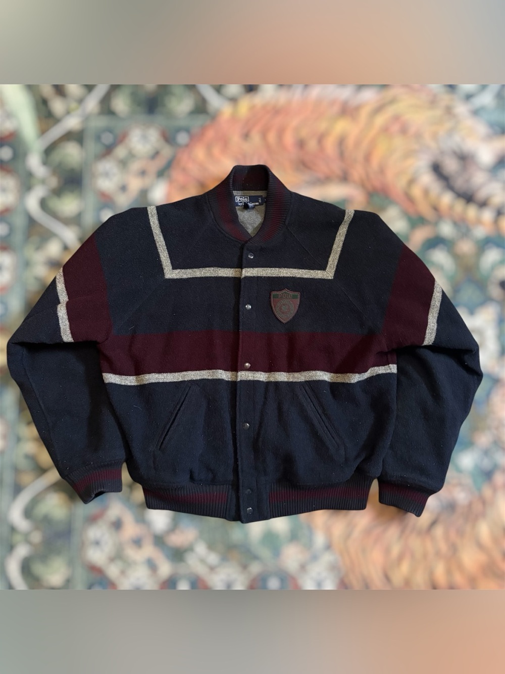 Vintage 90s Polo Ralph Lauren Wool Varsity Jacket Scribble Shield Crest Striped